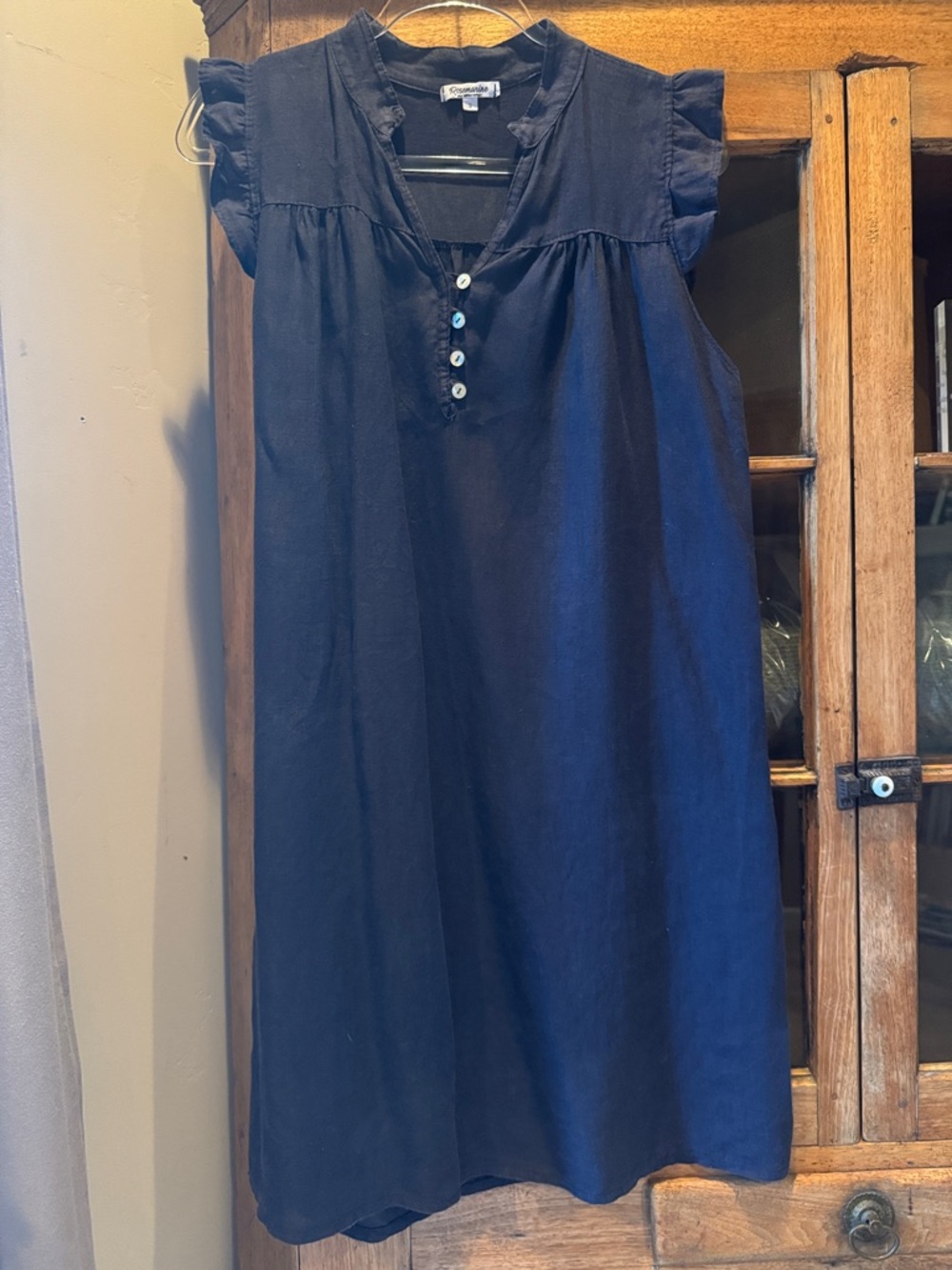 Classic Navy lightweight linen Button-Front Midi Dress with Flutter Sleeves